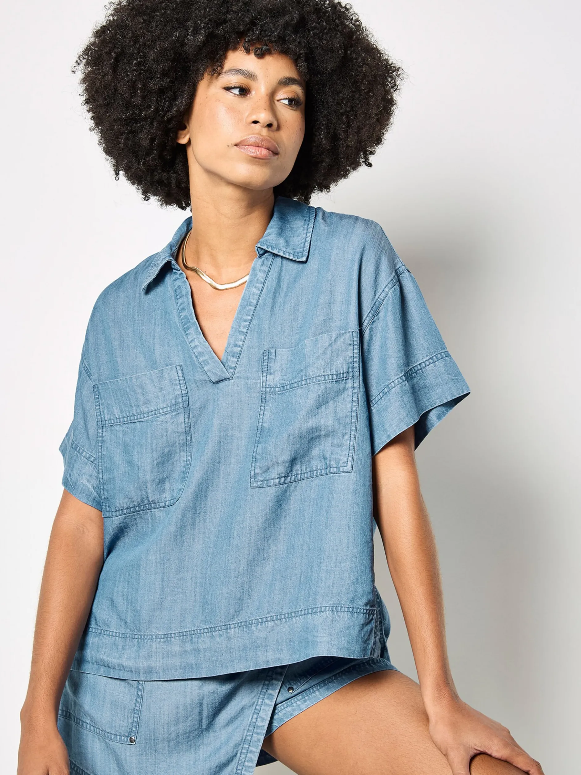 Apricot Damen Top in blau - Ausschnitt: Hemdblusenkragen