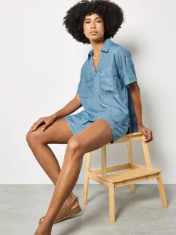 Apricot Damen Top in blau - Ausschnitt: Hemdblusenkragen