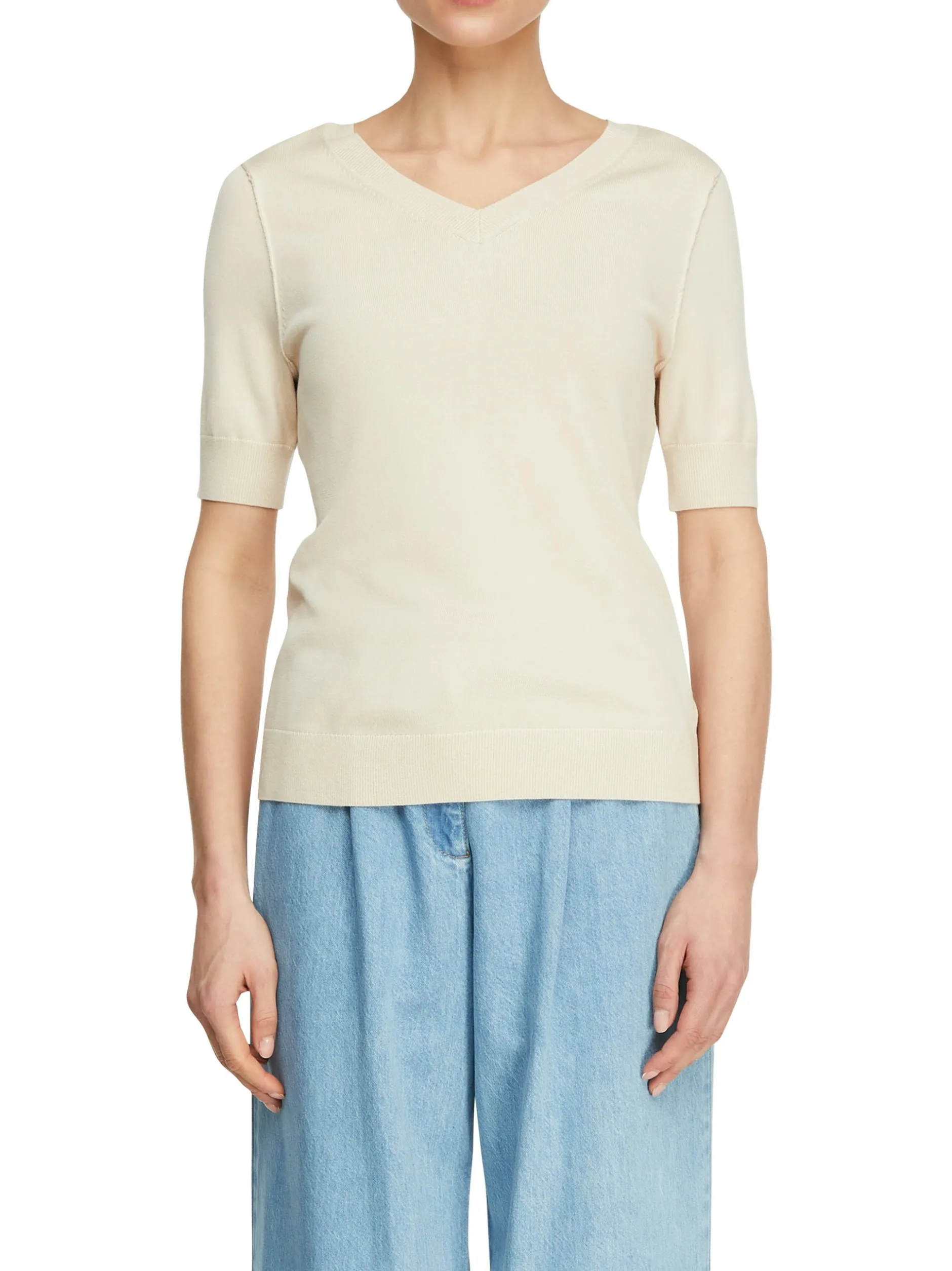 comma Damen Strickshirt in beige - Ärmel: kurzarm