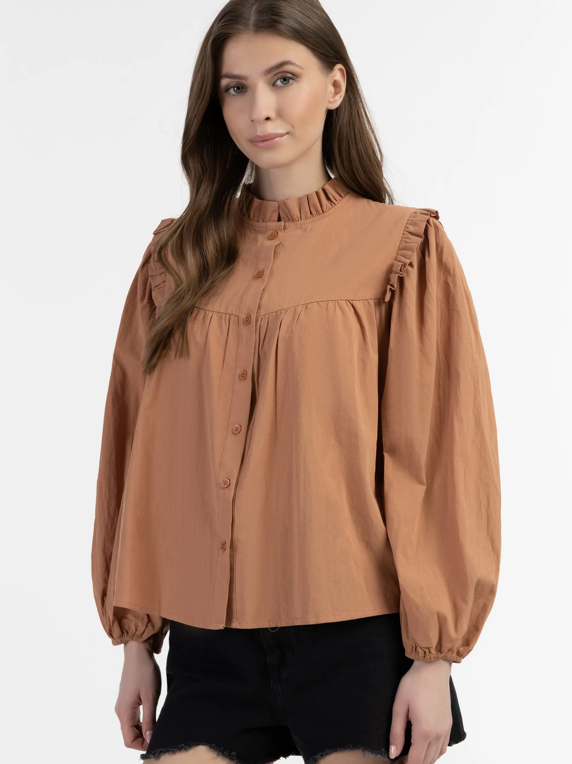 Dreimaster Damen Bluse in braun - Ausschnitt: Envelope
