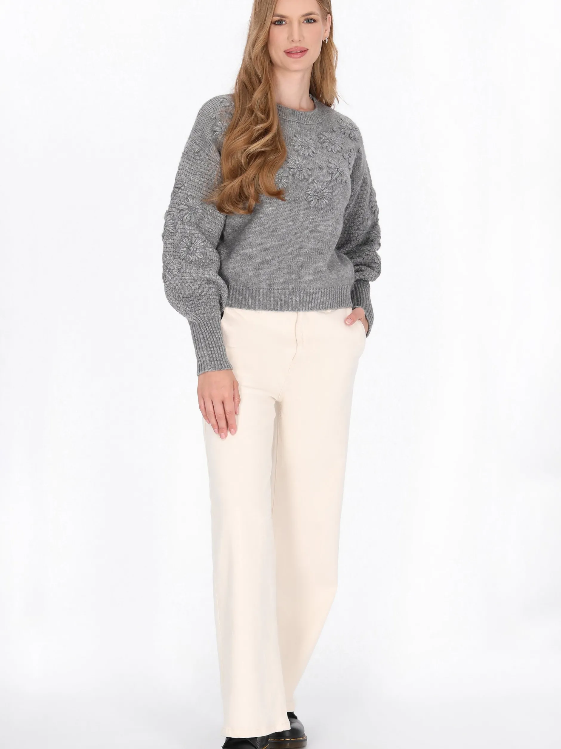 Dreimaster Damen Pullover in grau - Ausschnitt: Rundhals
