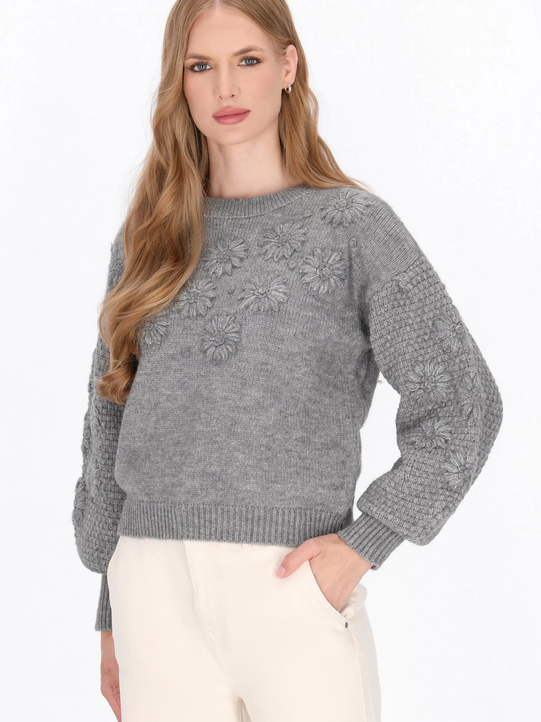 Dreimaster Damen Pullover in grau - Ausschnitt: Rundhals
