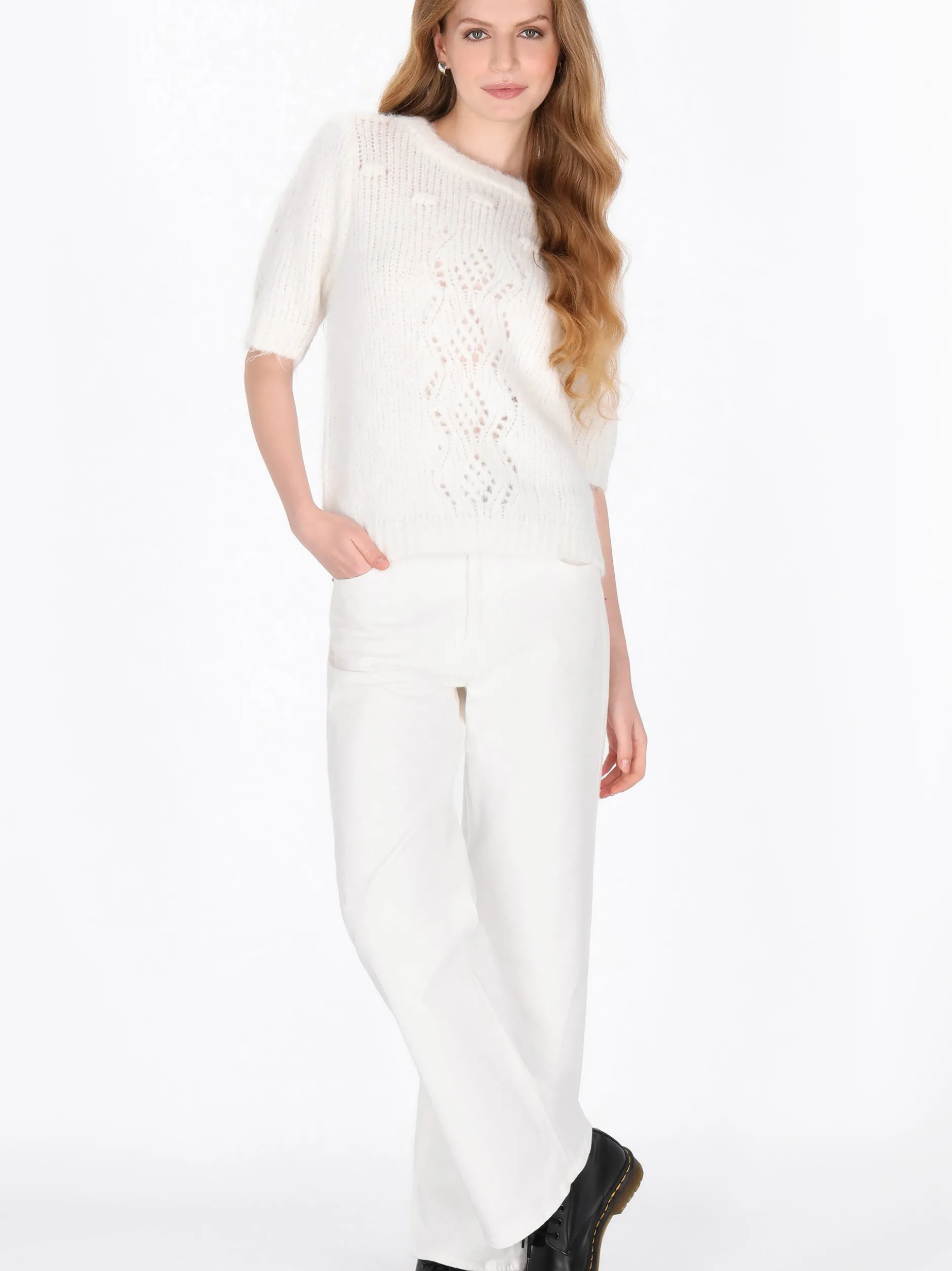 Dreimaster Damen Pullover in weiß - Ausschnitt: Rundhals