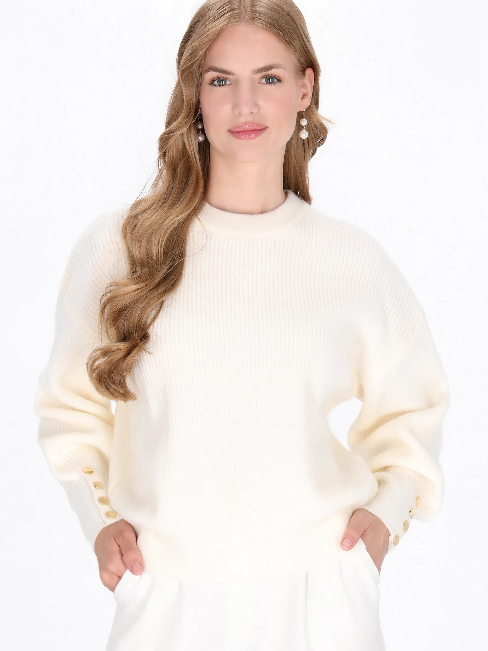 Dreimaster Damen Pullover in weiß - Ausschnitt: Rundhals