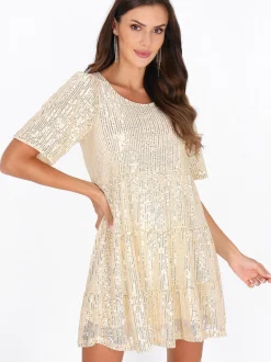 Faina Damen Kleid in gold - Ausschnitt: Rundhals