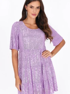 Faina Damen Kleid in lila - Ausschnitt: Rundhals