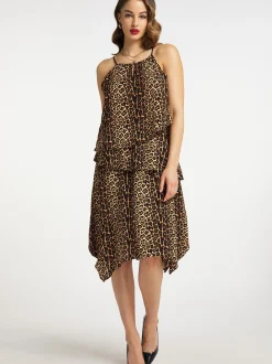 Faina Damen Kleid mit Leo-Print in camel - Länge: mittel