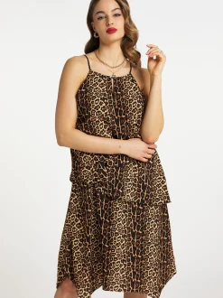Faina Damen Kleid mit Leo-Print in camel - Länge: mittel