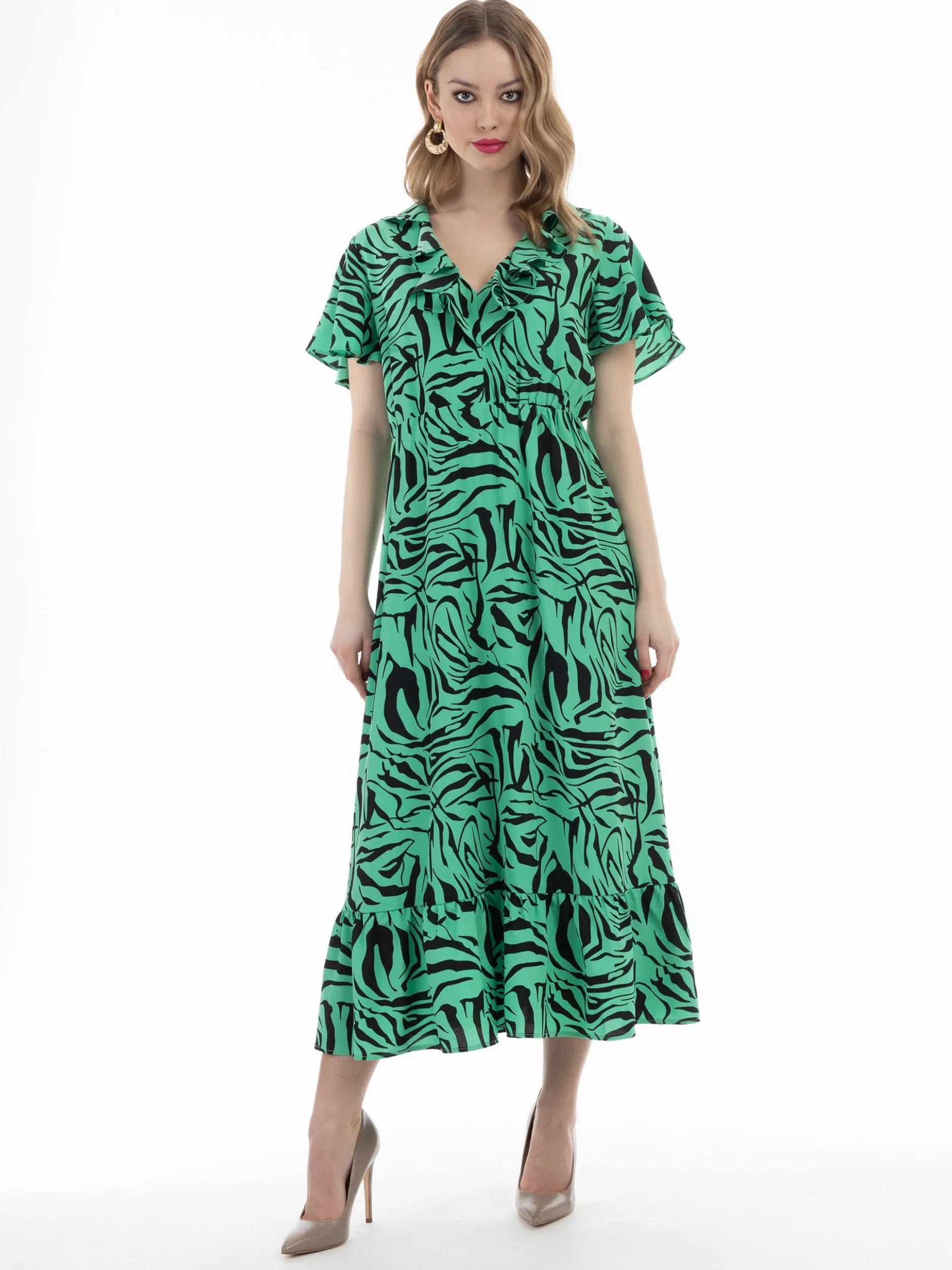 Faina Damen Kleid - Zebraprint in grün schwarz
