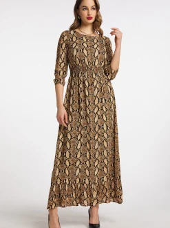 Faina Damen Maxikleid in camel - Ausschnitt: Rundhals