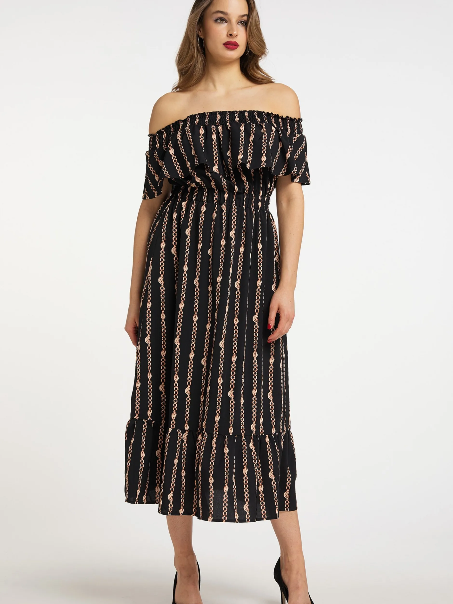 Faina Damen Maxikleid mit Allover-Print in schwarz