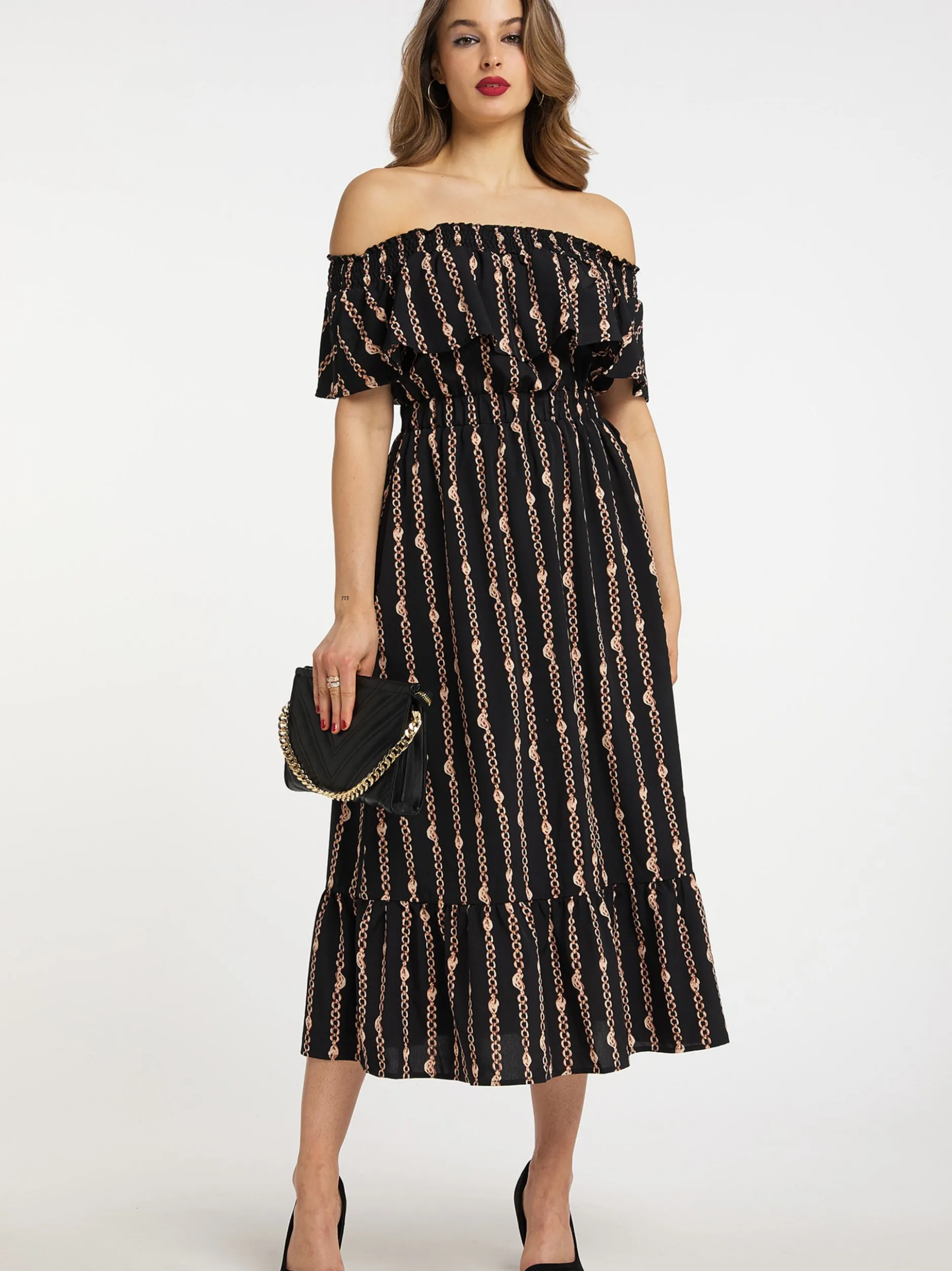 Faina Damen Maxikleid mit Allover-Print in schwarz