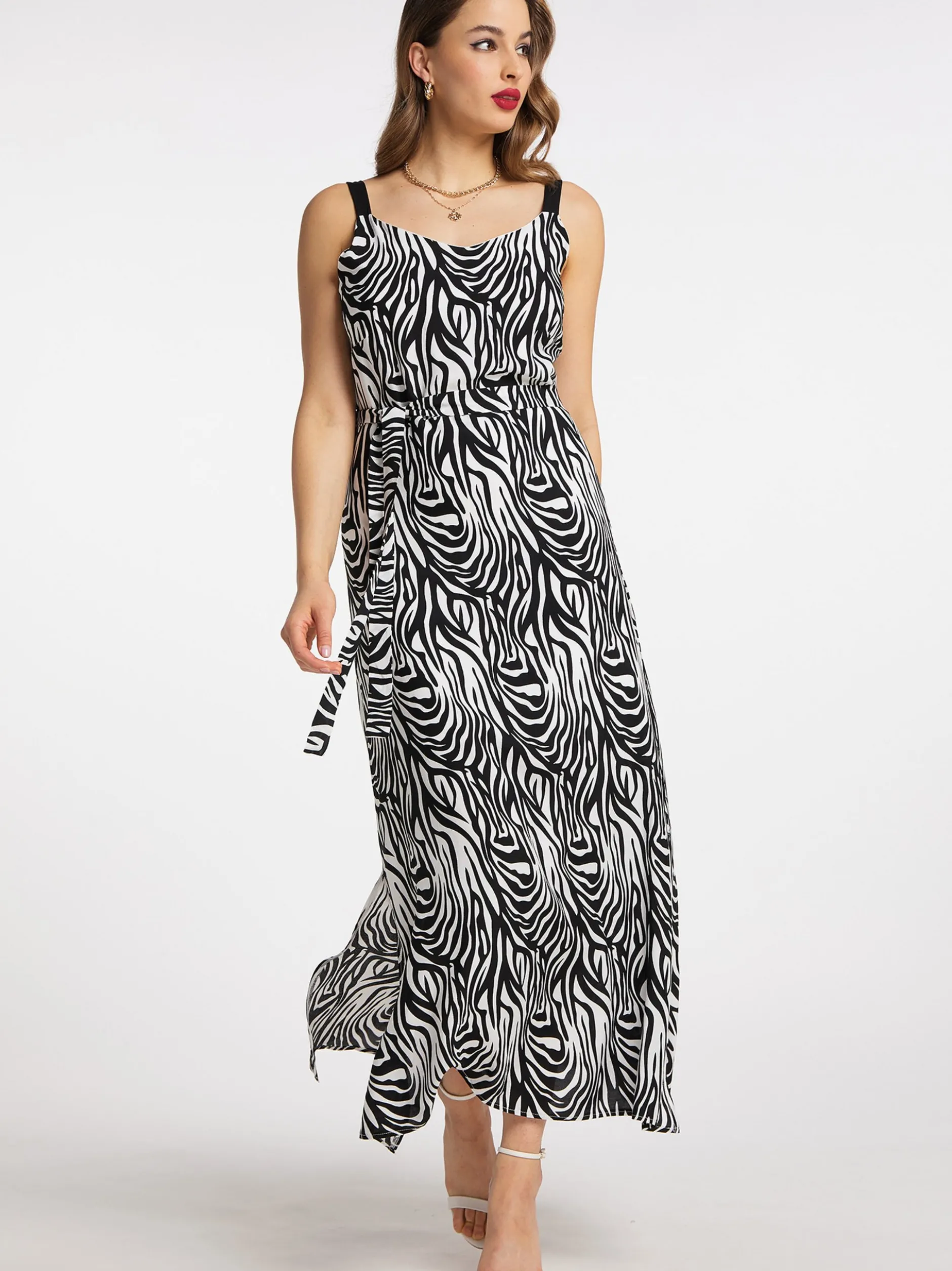 Faina Damen Maxikleid mit Zebra-Print in schwarz