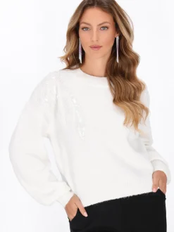Faina Damen Pullover in weiß - Ausschnitt: Rundhals