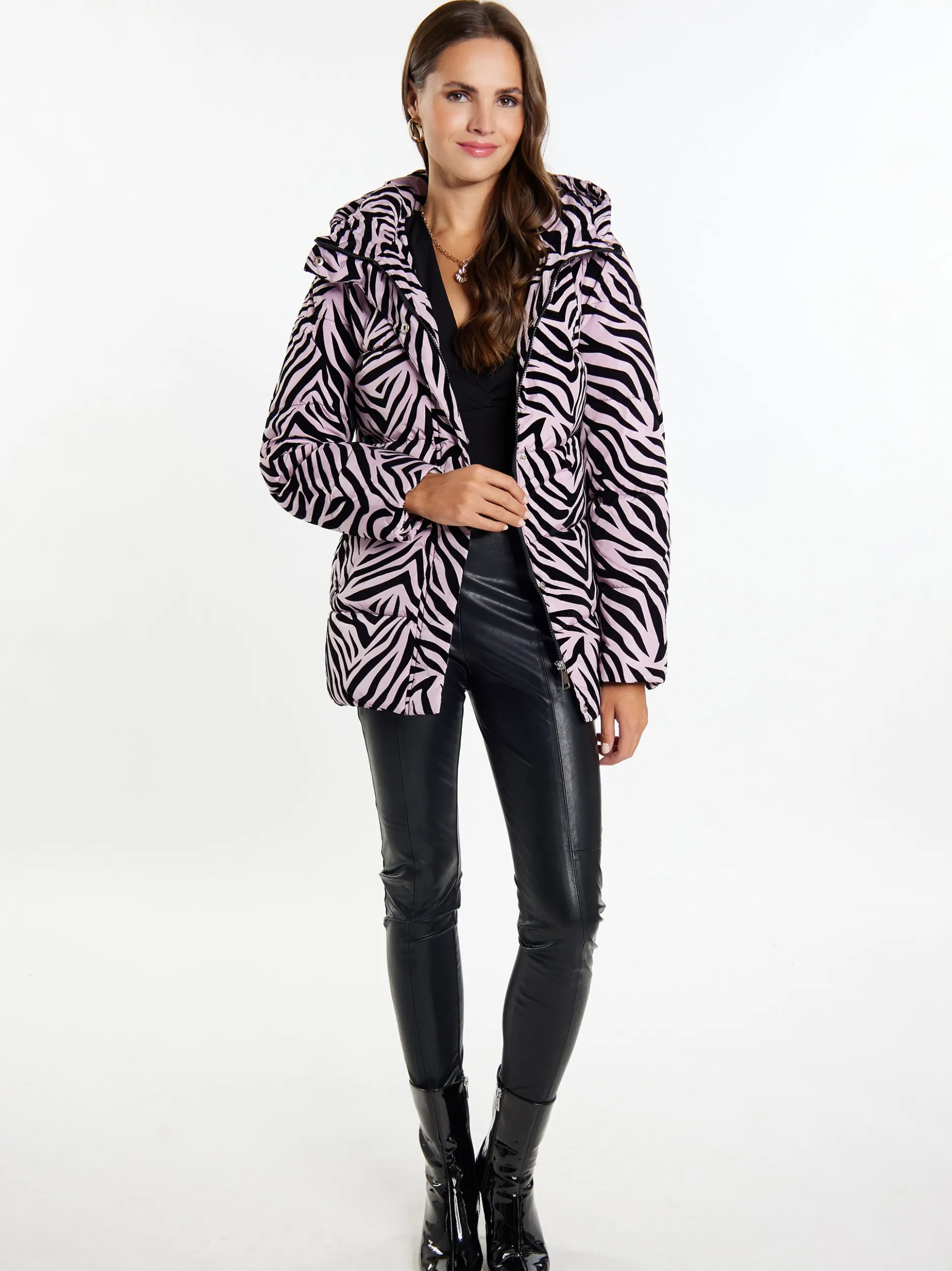 Faina Damen Steppjacke mit Zebra-Print in lila