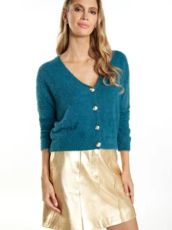 Faina Damen Strickjacke in grün - Ausschnitt: Rundhals