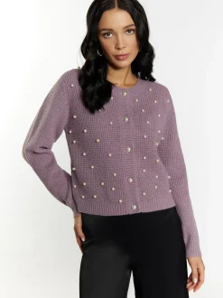 Faina Damen Strickjacke in lila - Ausschnitt: Rundhals