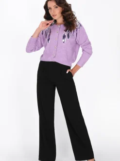 Faina Damen Strickjacke in lila - Ausschnitt: Rundhals