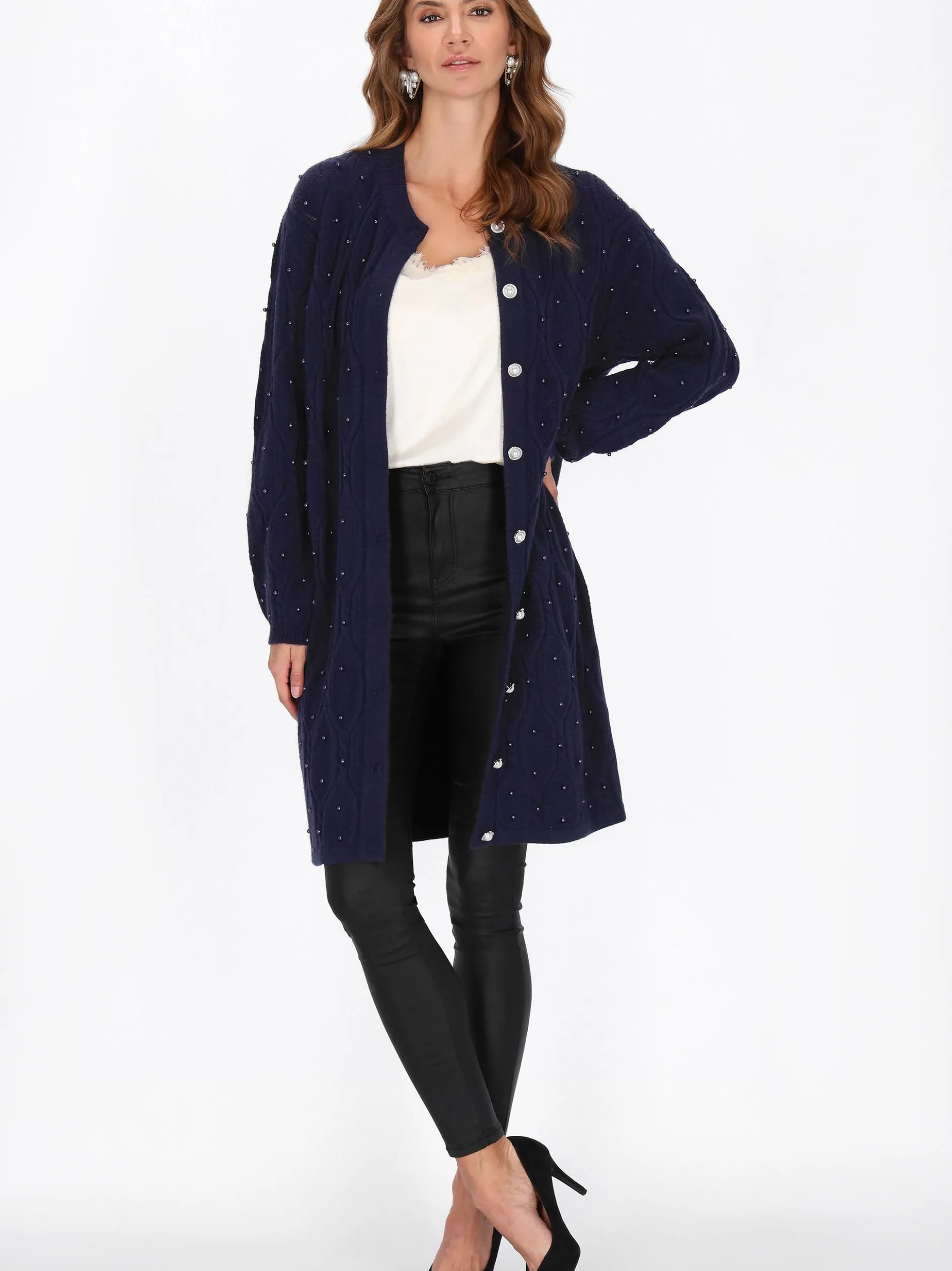 Faina Damen Strickjacke in marine - Ausschnitt: Rundhals