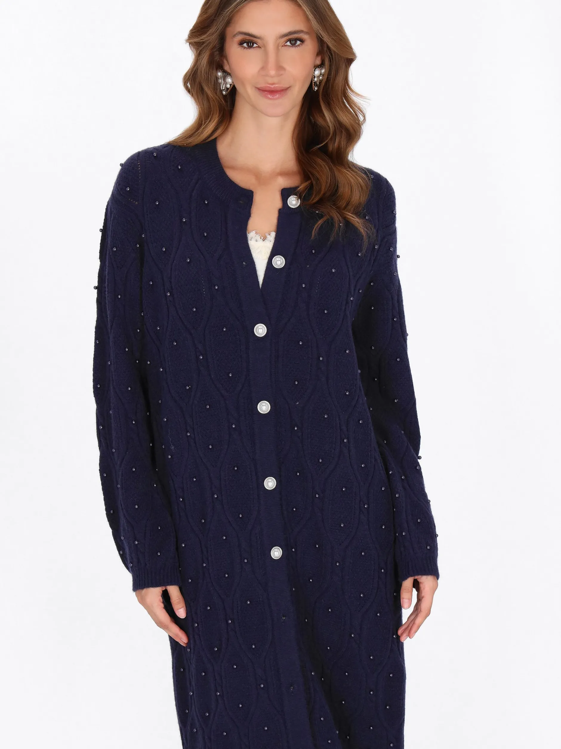 Faina Damen Strickjacke in marine - Ausschnitt: Rundhals