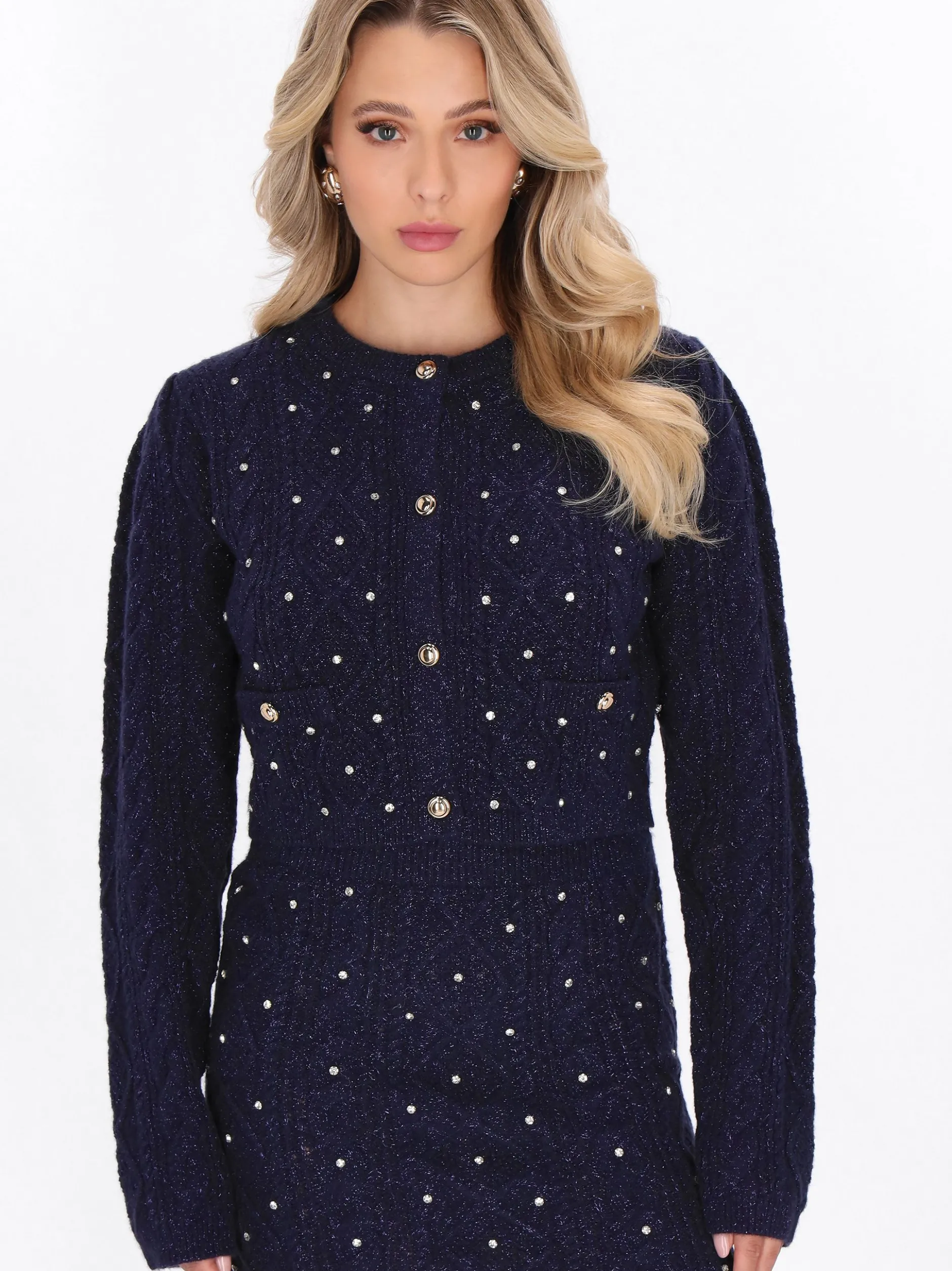 Faina Damen Strickjacke in marine - Ausschnitt: Rundhals