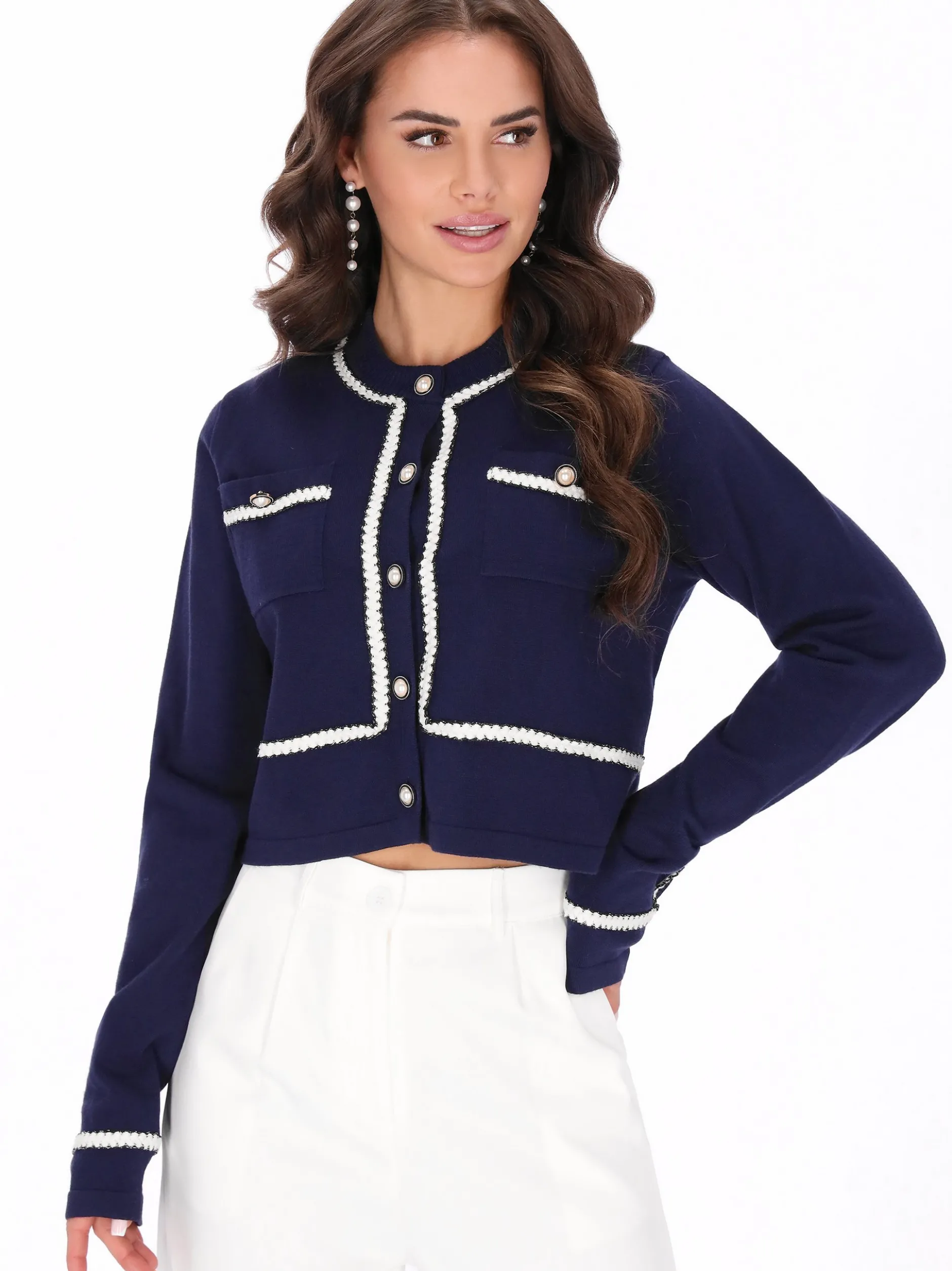Faina Damen Strickjacke in marine - Ausschnitt: Rundhals