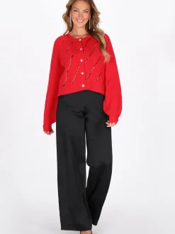 Faina Damen Strickjacke in rot - Ausschnitt: Rundhals