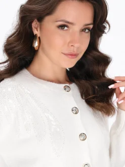 Faina Damen Strickjacke in weiß - Ausschnitt: Rundhals