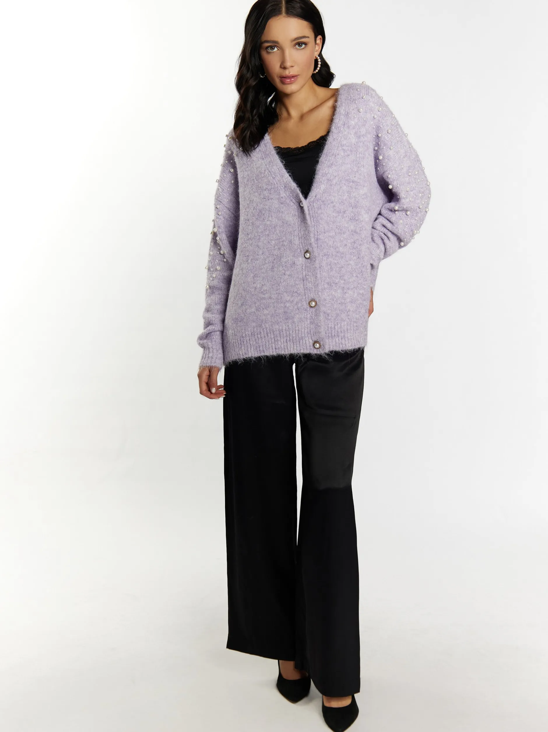 Faina Damen Strickjacke mit Perlen in lila
