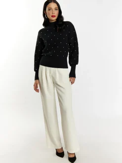 Faina Damen Strickpullover mit Perlen in schwarz