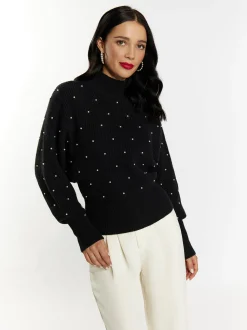 Faina Damen Strickpullover mit Perlen in schwarz