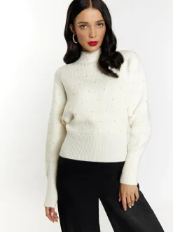 Faina Damen Strickpullover mit Perlen in weiß