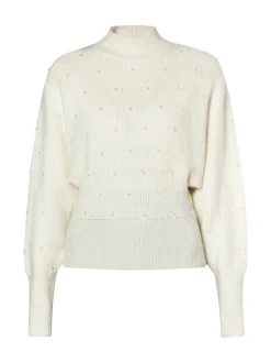 Faina Damen Strickpullover mit Perlen in weiß