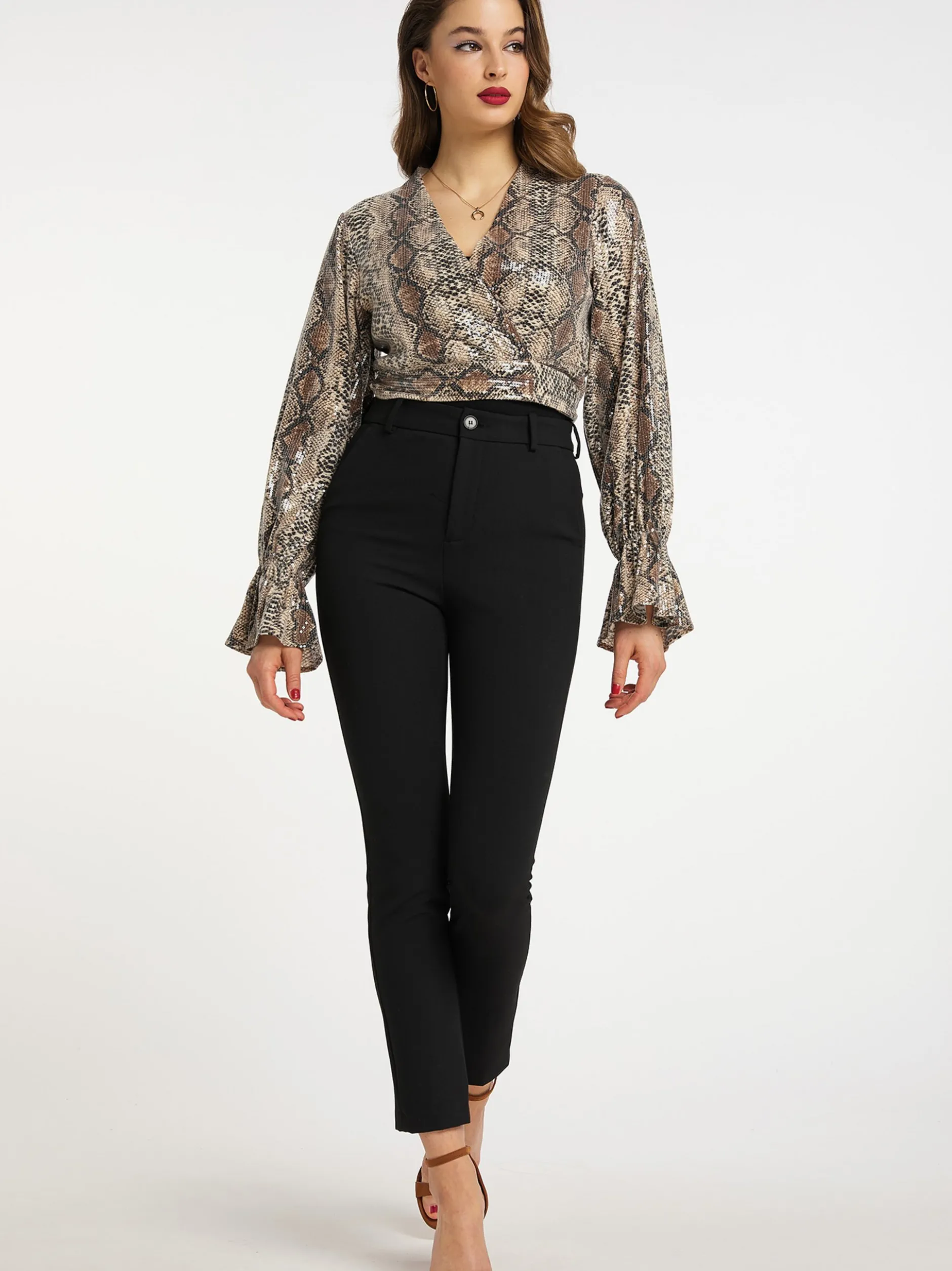 Faina Damen Wickelbluse mit Pailletten in beige