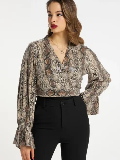 Faina Damen Wickelbluse mit Pailletten in beige