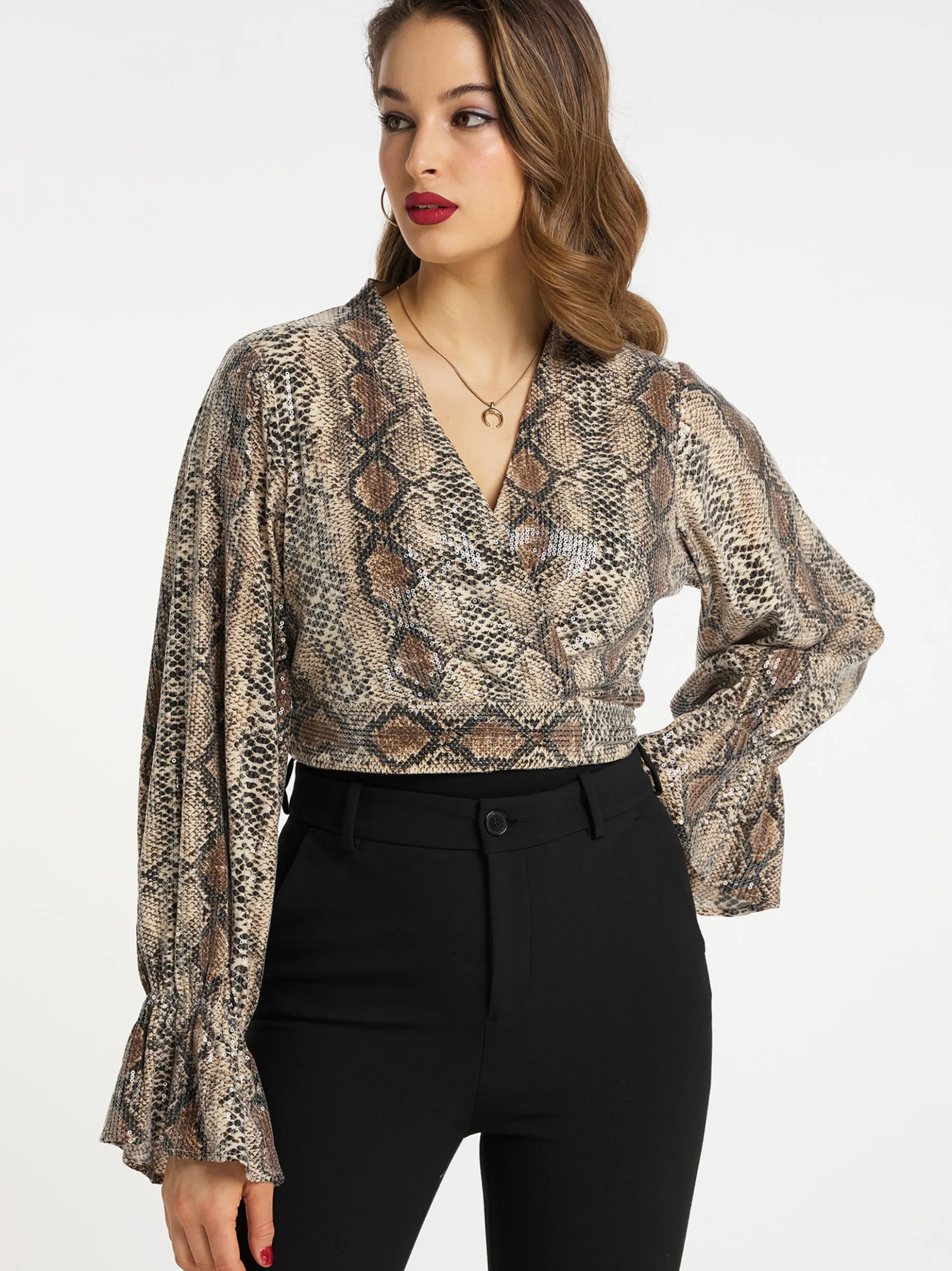 Faina Damen Wickelbluse mit Pailletten in beige