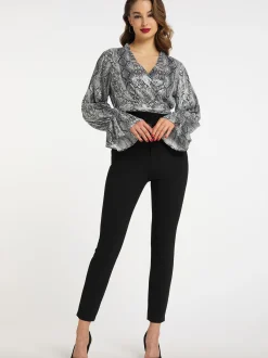 Faina Damen Wickelbluse mit Pailletten in grau