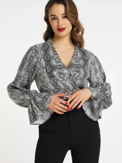 Faina Damen Wickelbluse mit Pailletten in grau