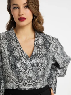 Faina Damen Wickelbluse mit Pailletten in grau