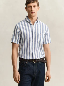 Gant Herren Kurzarmhemd mit Leinen in indigo weiß