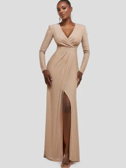 Goddiva Damen Maxi Kleid in beige - Länge: lang