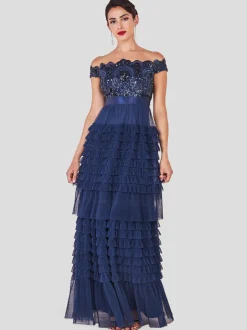 Goddiva Damen Maxi-Kleid in marine - Ausschnitt: Carmen