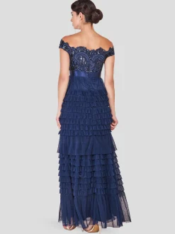 Goddiva Damen Maxi-Kleid in marine - Ausschnitt: Carmen