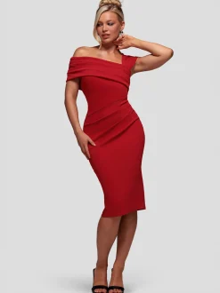 Goddiva Damen Midikleid in rot - Ausschnitt: Carmen