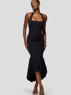 Goddiva Damen Midikleid in schwarz - Ausschnitt: Karree