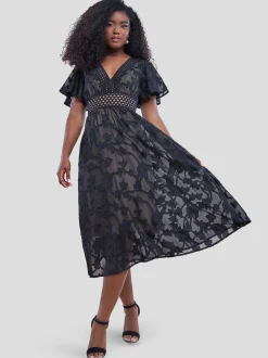 Goddiva Damen Midi Kleid in schwarz - Länge: midi