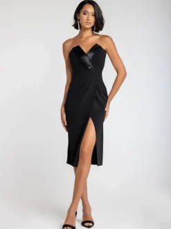 Goddiva Damen Midi-Kleid in schwarz - Ausschnitt: Carmen