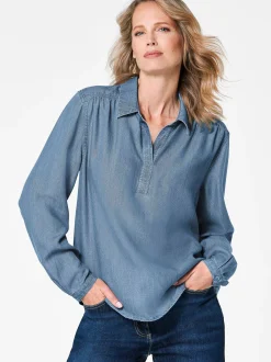 Goldner Damen Blusen in blau - Ärmel: langarm