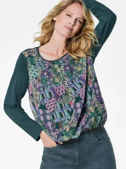 Goldner Damen Blusenshirts - Kurzgröße in grün mehrfarbig