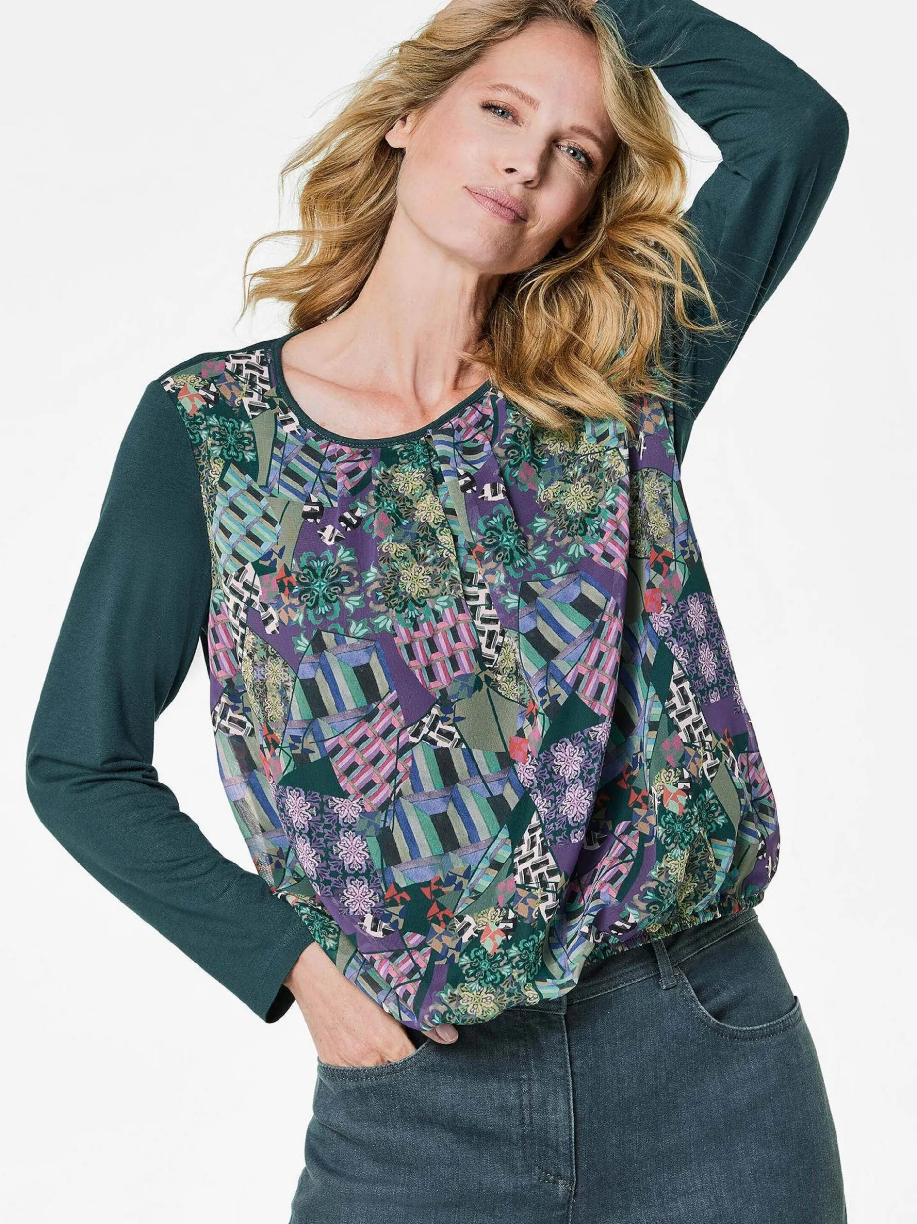 Goldner Damen Blusenshirts - Kurzgröße in grün mehrfarbig